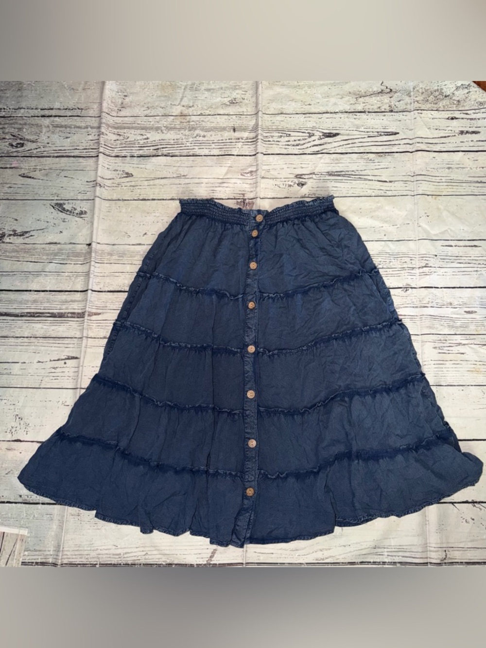 Mlle Gabrielle Navy Tiered Button-Down A-Line Skirt
